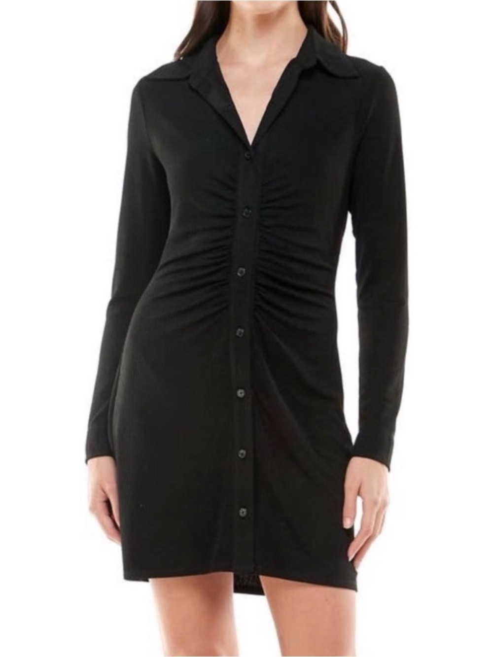 Abercrombie & Fitch Black Long-Sleeve Ruched Button Front Dress | Size XL